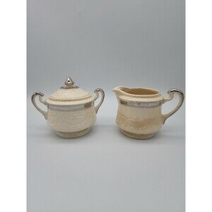 ADAM ANTIQUE by STEUBENVILLE Sugar Bowl w Lid & Creamer Cream with Silver TrIm